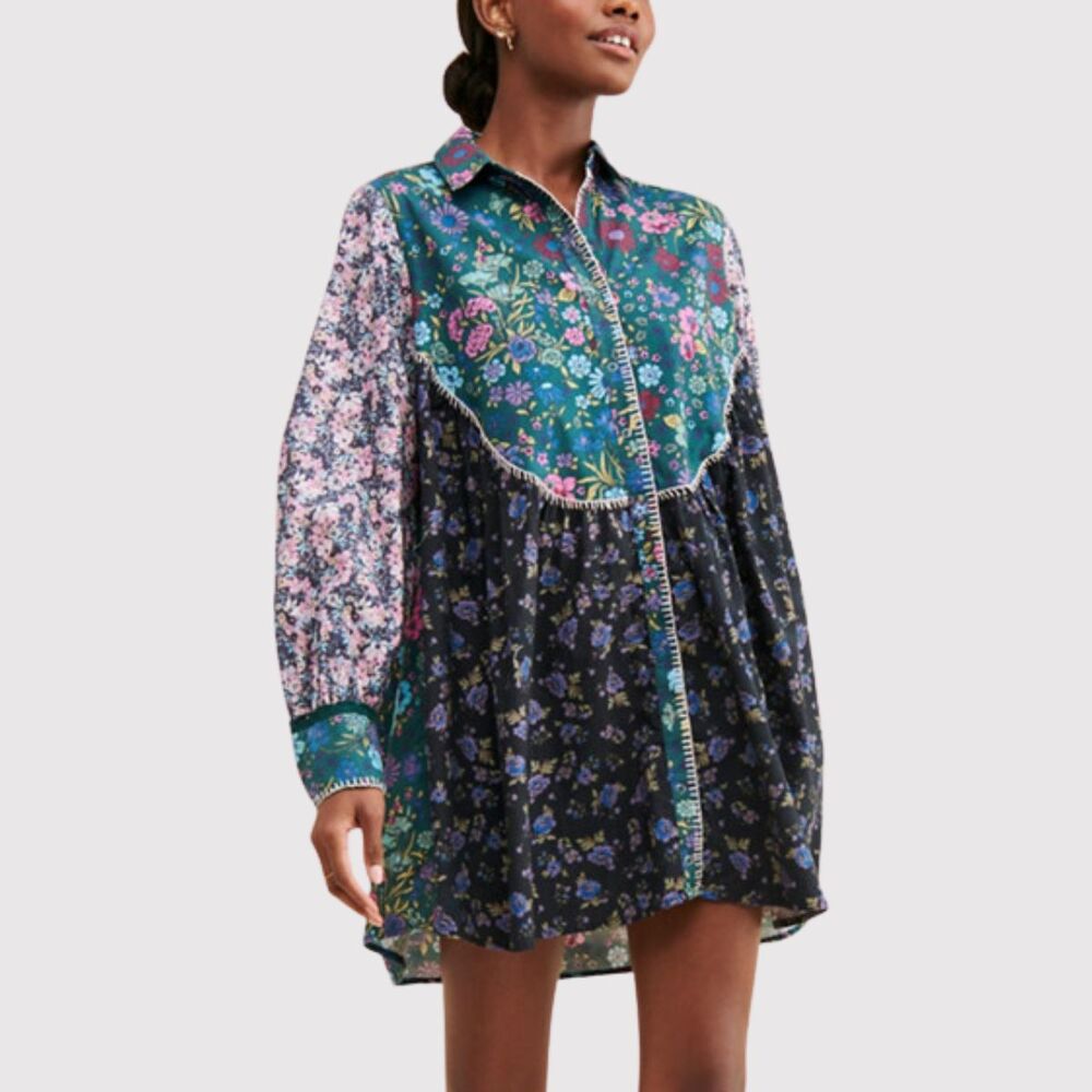 Free People Mini Dress Black Multi My Time Shirtdress Floral Long Sleeve Boho XS